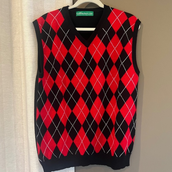 Golf Knickers Men's V-neck Argyle Golf Sweater Vest, Black & Red, Size Large - Picture 1 of 9